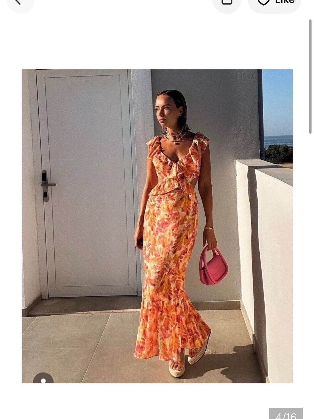 Zara Orange-Pink Floral Ruffle V-Neck Maxi Dress